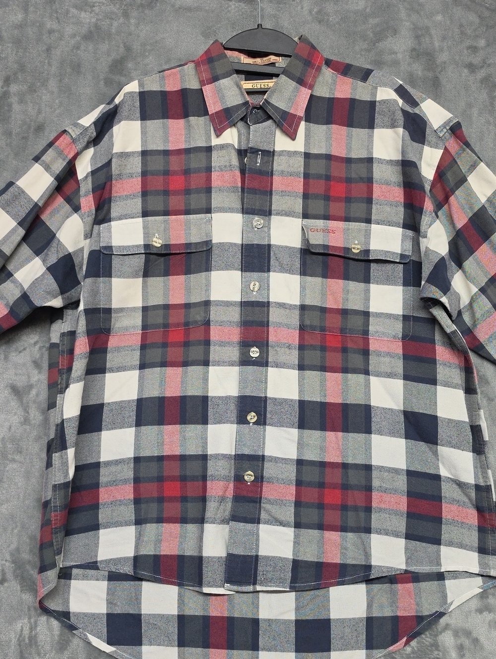Guess Men’s Red, Navy and White Plaid Button-Down Shirt